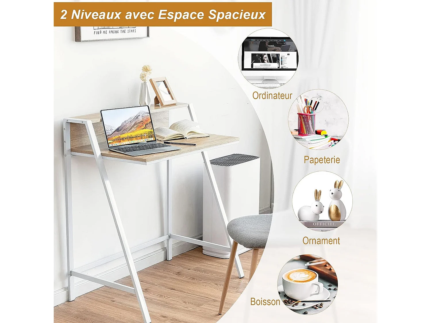 Bureau Informatique en Bois avec 2 Etagère Tablette Moniteur Charge 50KG Couleur Naturel pour Chambre,Bureau,Salon