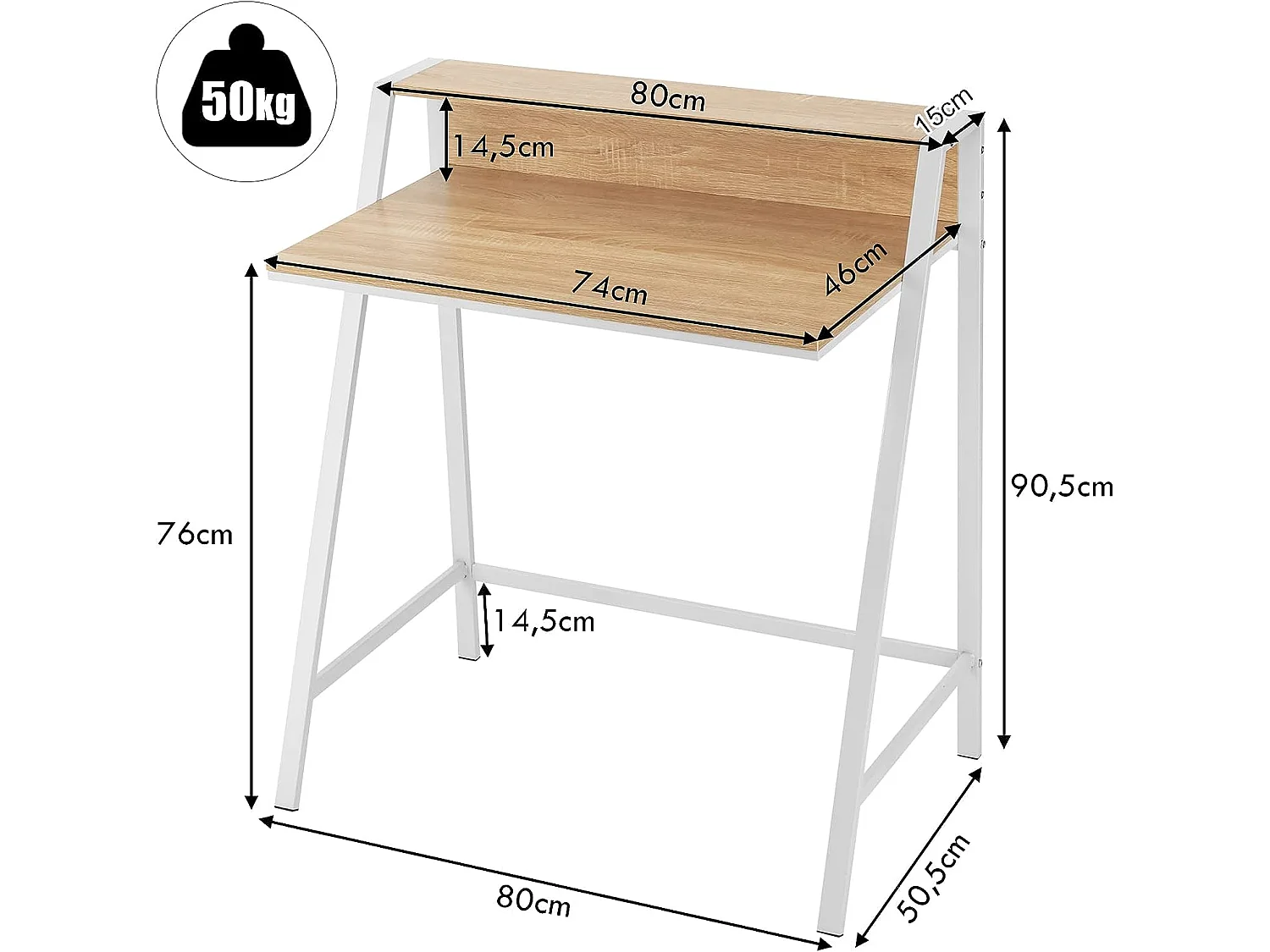 Bureau Informatique en Bois avec 2 Etagère Tablette Moniteur Charge 50KG Couleur Naturel pour Chambre,Bureau,Salon