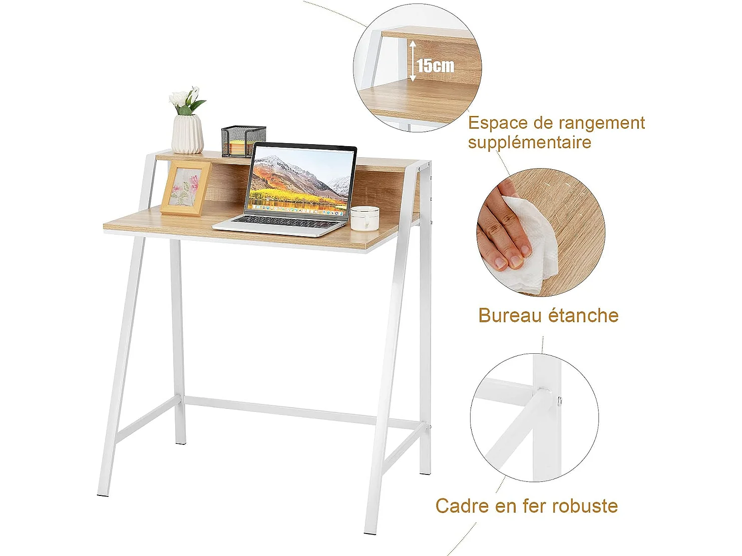 Bureau Informatique en Bois avec 2 Etagère Tablette Moniteur Charge 50KG Couleur Naturel pour Chambre,Bureau,Salon