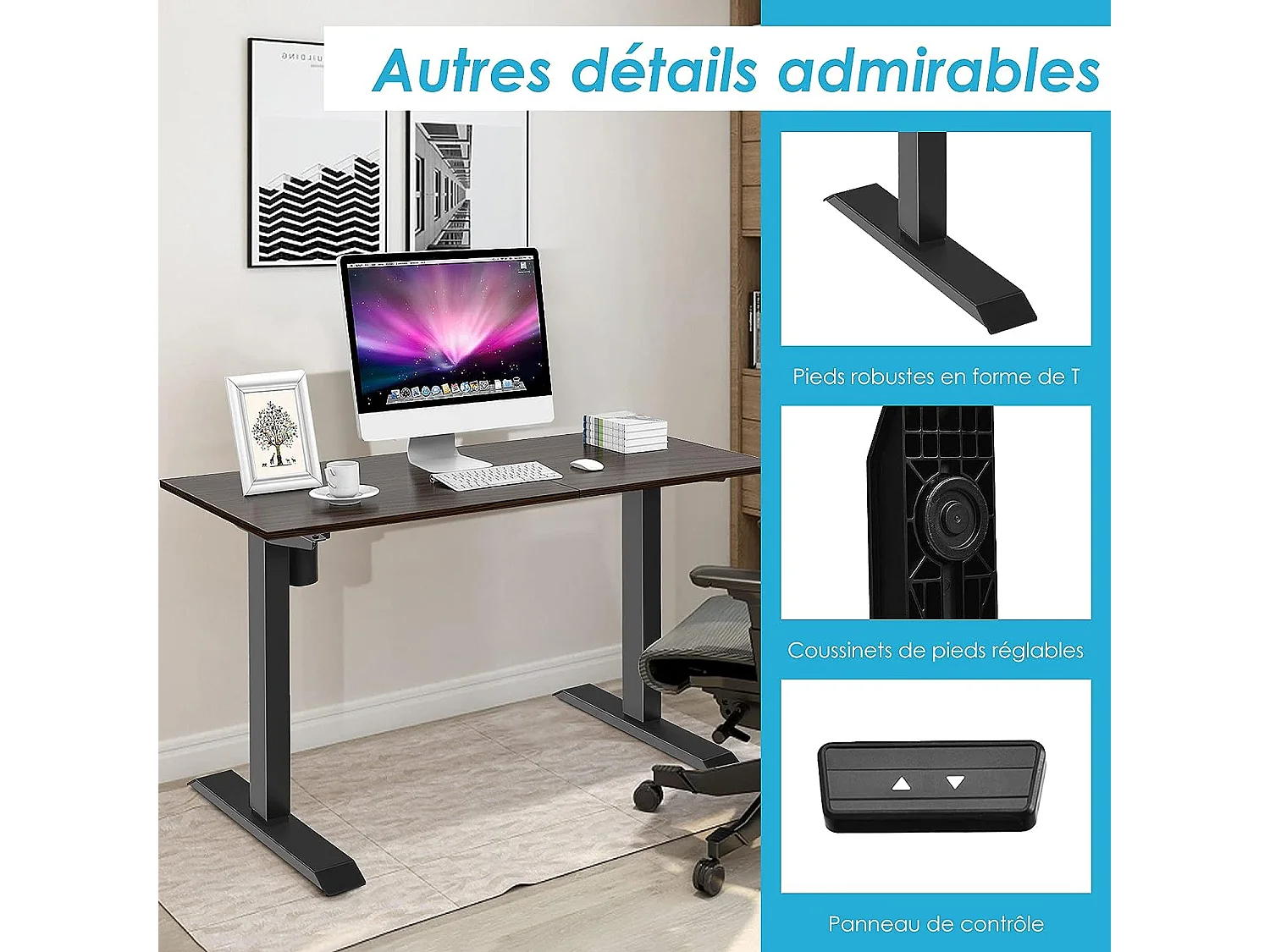 Bureau Assis-Debout Electrique Cadre de Bureau Hauteur Réglable de 66,5 à 114,5 CM Ergonomique avec Ecran Tactile Noir