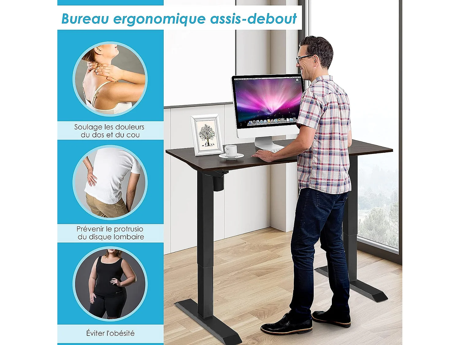 Bureau Assis-Debout Electrique Cadre de Bureau Hauteur Réglable de 66,5 à 114,5 CM Ergonomique avec Ecran Tactile Noir