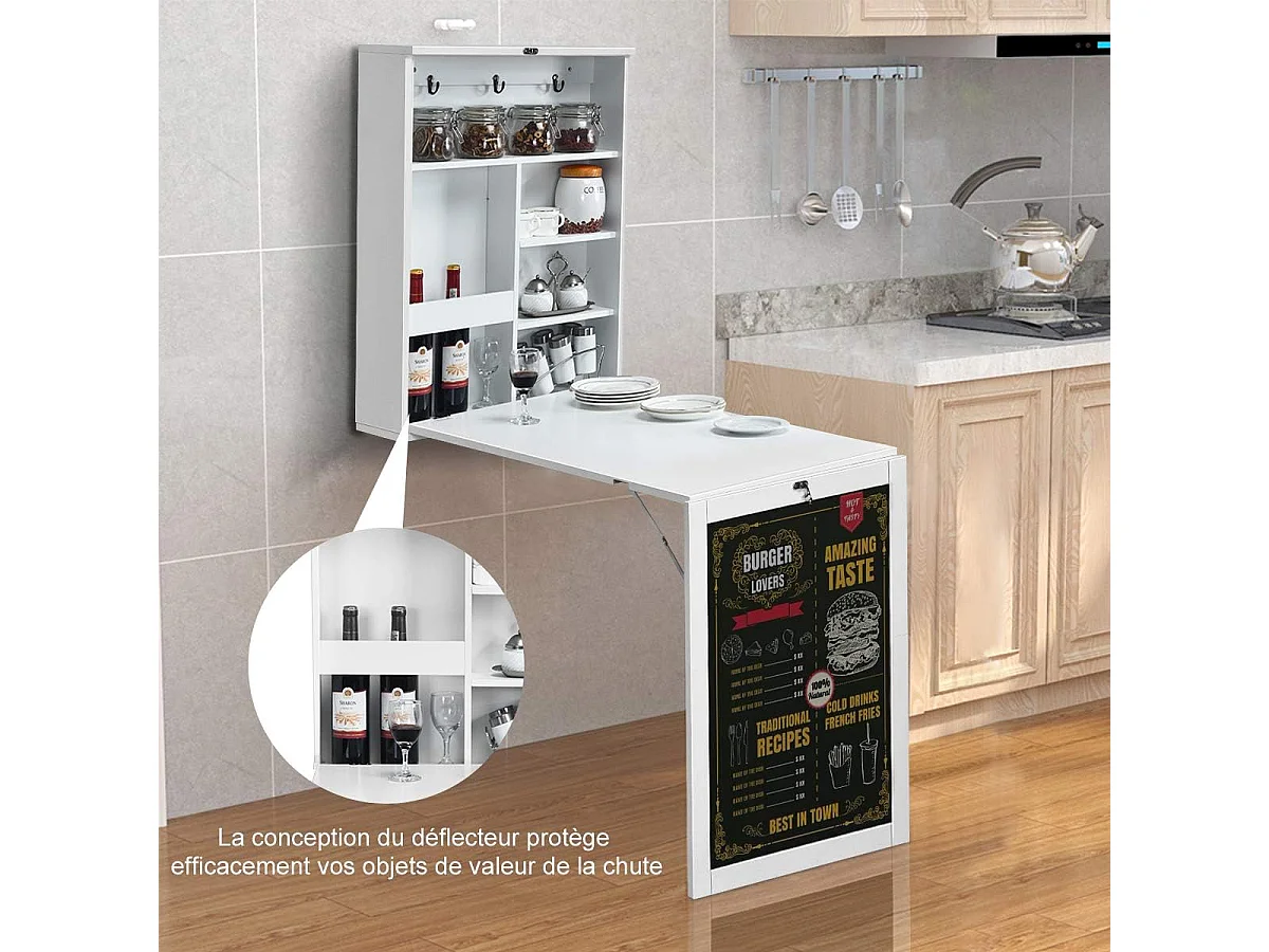 table murale rabattable pliable avec etagère intégrée et tableau noir en mdf 75 x 15,8 x 60,1cm