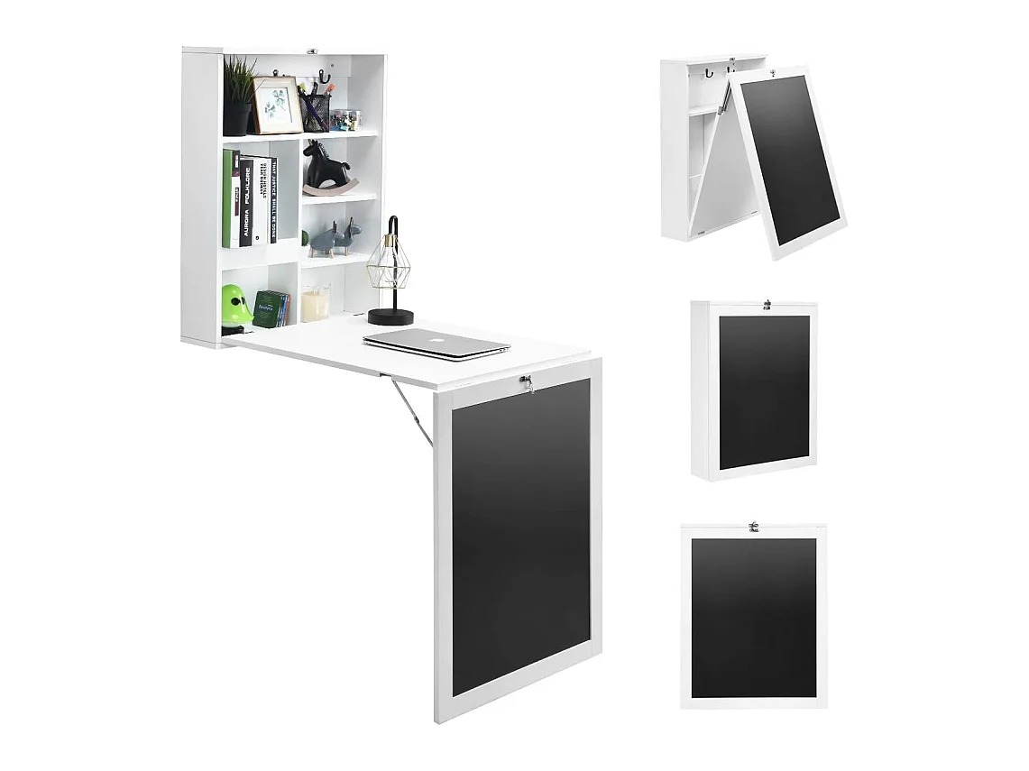 table murale rabattable pliable avec etagère intégrée et tableau noir en mdf 75 x 15,8 x 60,1cm
