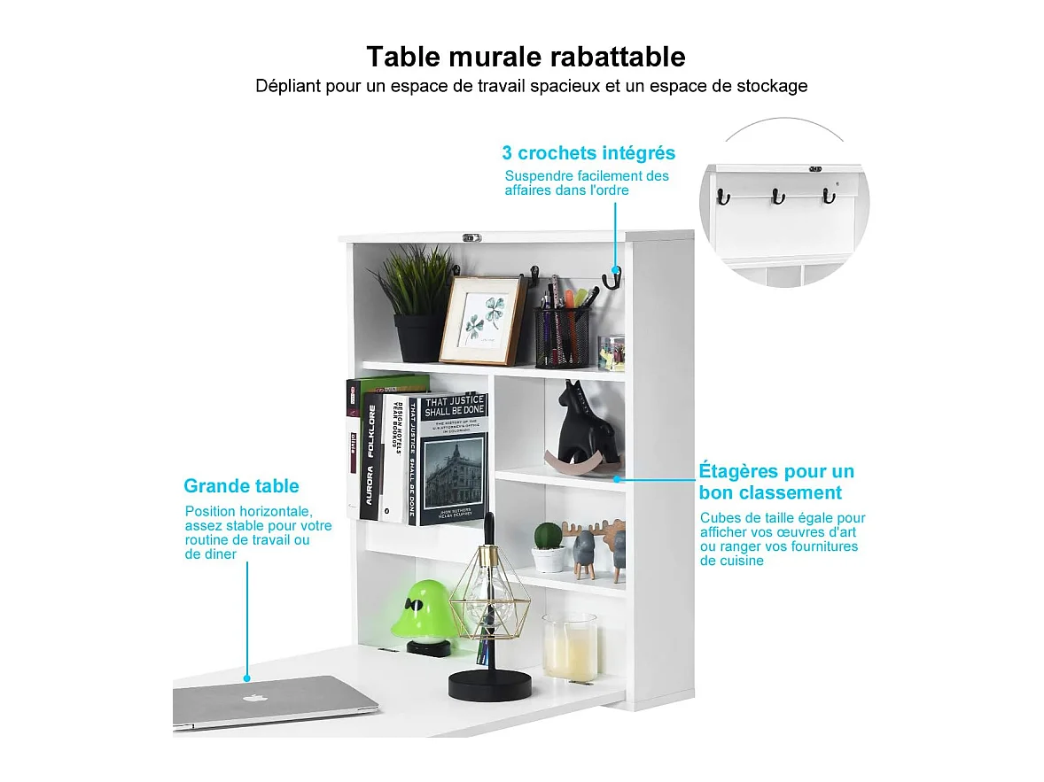 table murale rabattable pliable avec etagère intégrée et tableau noir en mdf 75 x 15,8 x 60,1cm