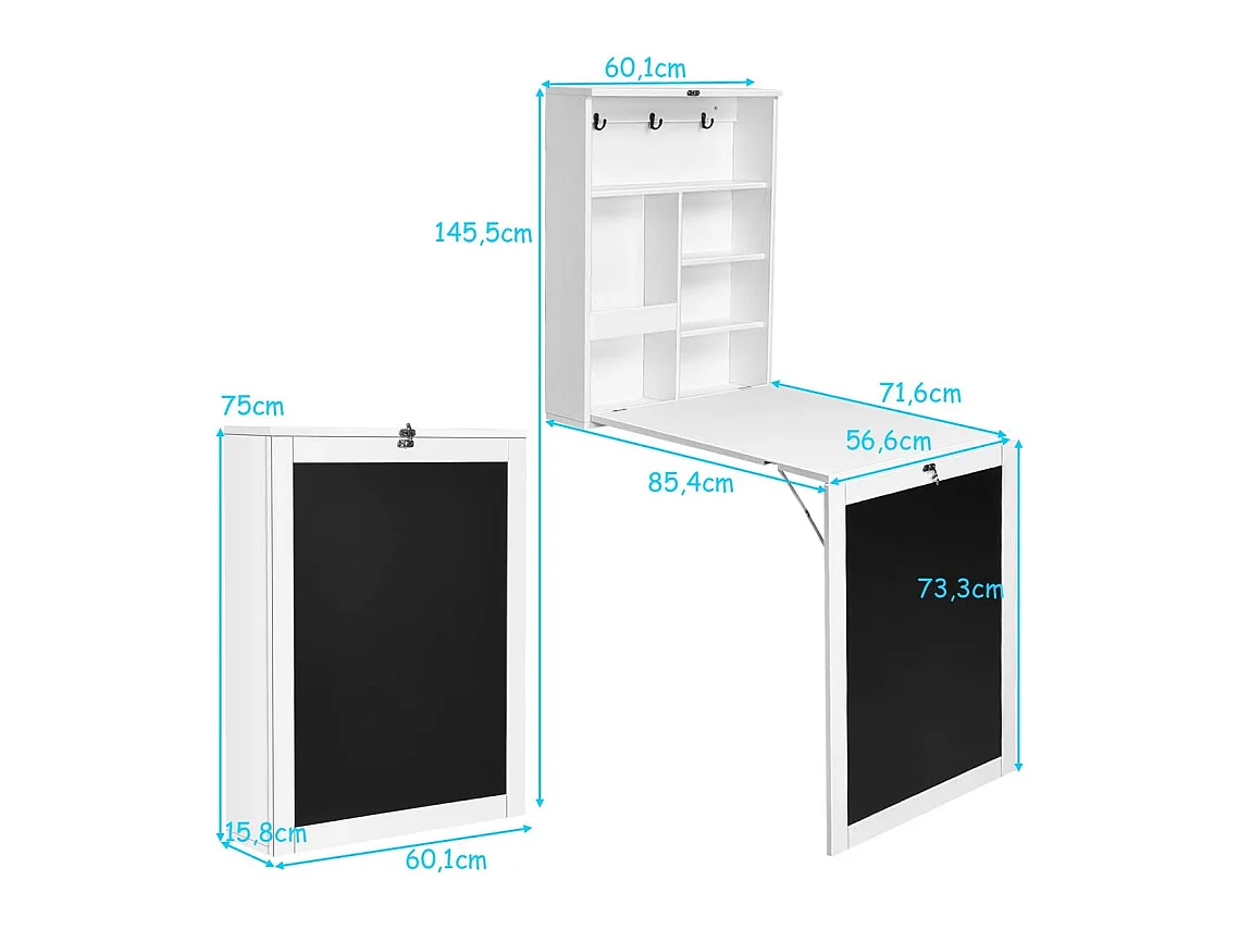 table murale rabattable pliable avec etagère intégrée et tableau noir en mdf 75 x 15,8 x 60,1cm