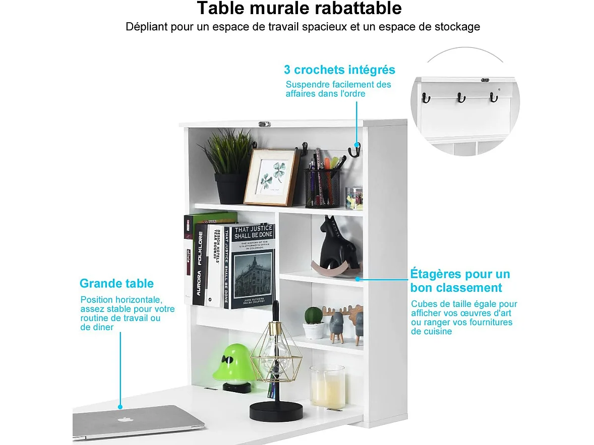 table murale rabattable pliable avec etagère intégrée et tableau noir en mdf 75 x 15,8 x 60,1cm