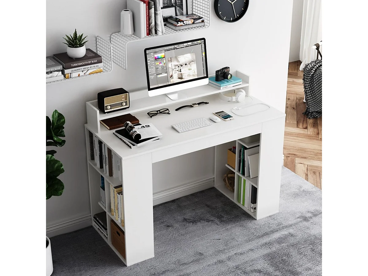 Computerbureau, computerbureau met 10 open opbergvakken en monitorplank, voor slaapkamer, studio, 120 x 54 x 90 cm, wit