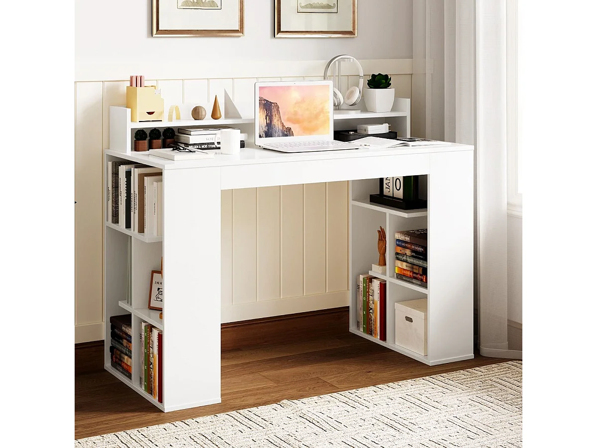 Computerbureau, computerbureau met 10 open opbergvakken en monitorplank, voor slaapkamer, studio, 120 x 54 x 90 cm, wit