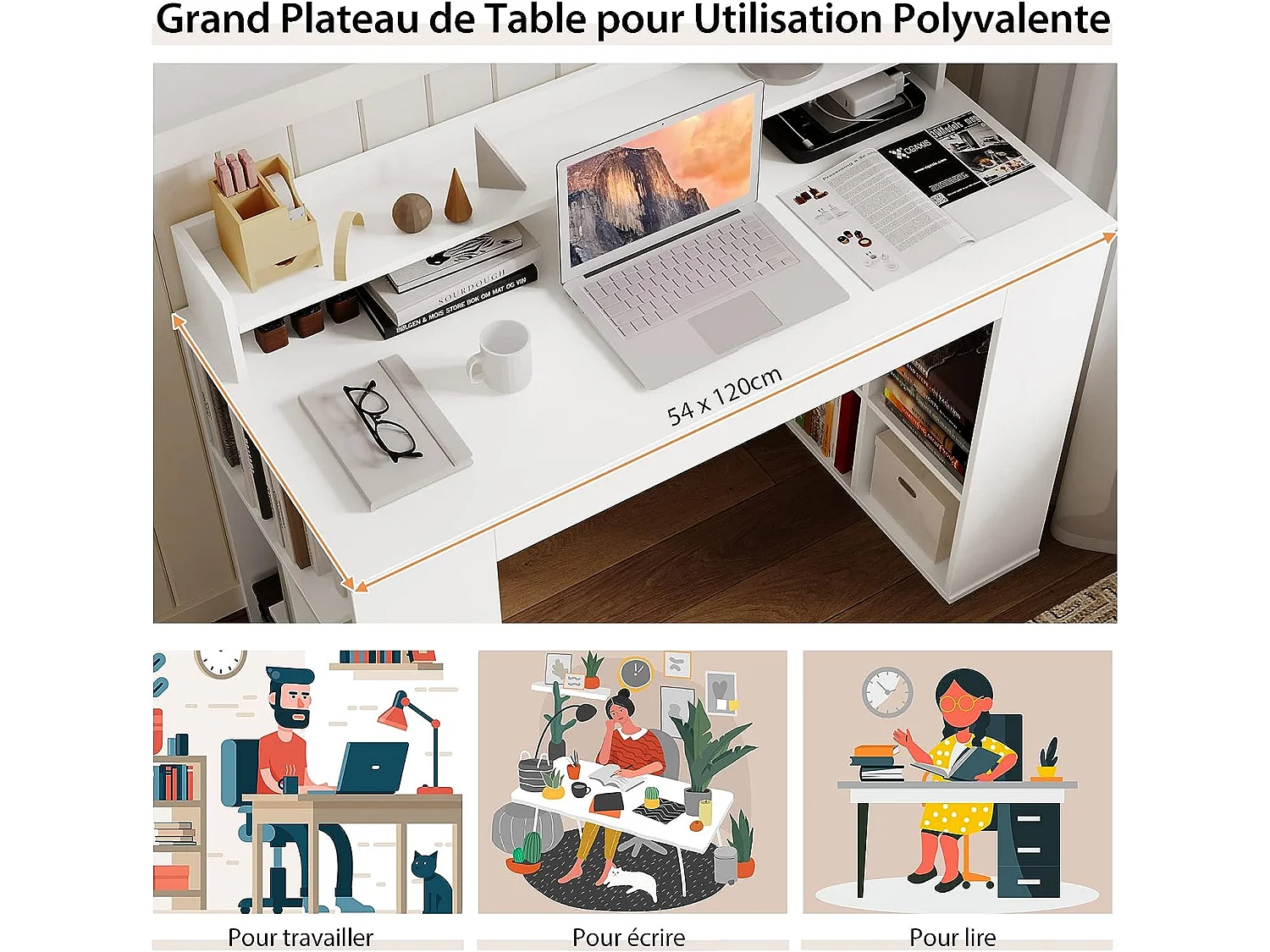 Computerbureau, computerbureau met 10 open opbergvakken en monitorplank, voor slaapkamer, studio, 120 x 54 x 90 cm, wit