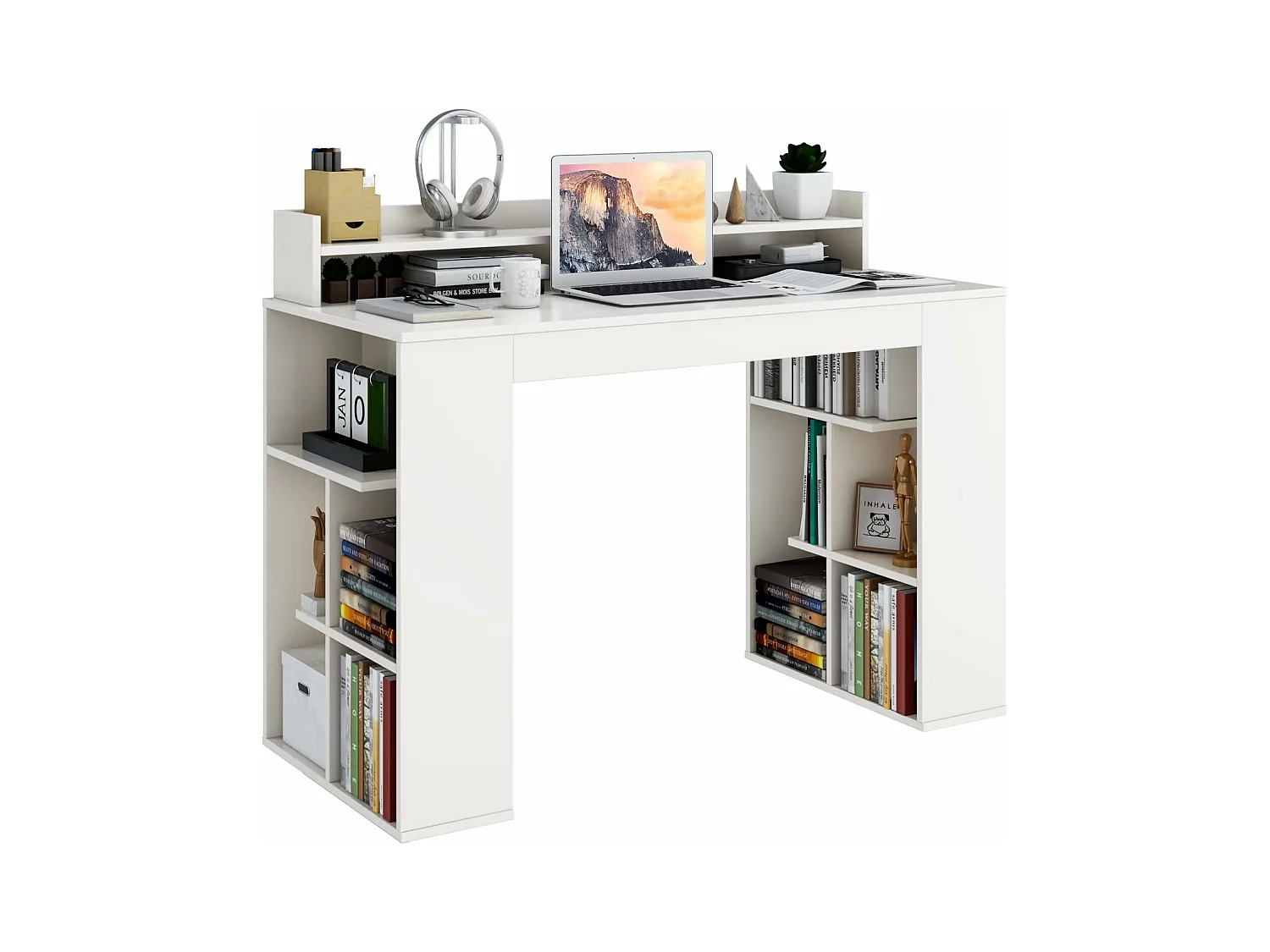 Bureau d'Ordinateur, Bureau Informatique avec 10 Étagères de Rangement Ouvertes et Étagère pour Moniteur, pour Chambre, Studio, 120 x 54 x 90 cm, Blanc