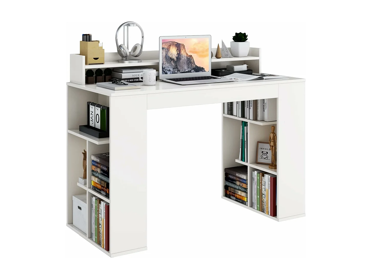 Bureau d'Ordinateur, Bureau Informatique avec 10 Étagères de Rangement Ouvertes et Étagère pour Moniteur, pour Chambre, Studio, 120 x 54 x 90 cm, Blanc