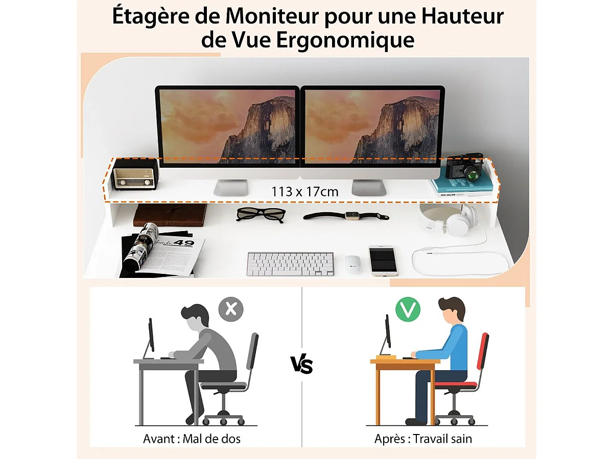 Bureau d'Ordinateur, Bureau Informatique avec 10 Étagères de Rangement Ouvertes et Étagère pour Moniteur, pour Chambre, Studio, 120 x 54 x 90 cm, Blanc