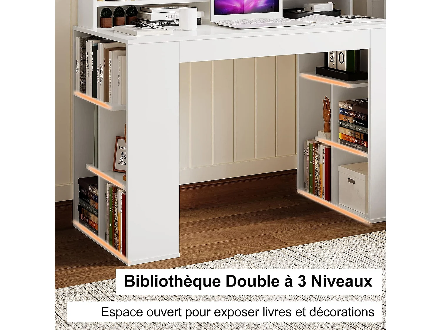 Bureau d'Ordinateur, Bureau Informatique avec 10 Étagères de Rangement Ouvertes et Étagère pour Moniteur, pour Chambre, Studio, 120 x 54 x 90 cm, Blanc