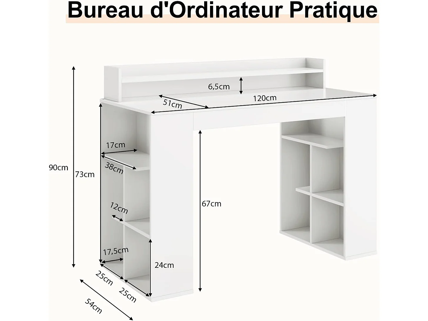 Bureau d'Ordinateur, Bureau Informatique avec 10 Étagères de Rangement Ouvertes et Étagère pour Moniteur, pour Chambre, Studio, 120 x 54 x 90 cm, Blanc