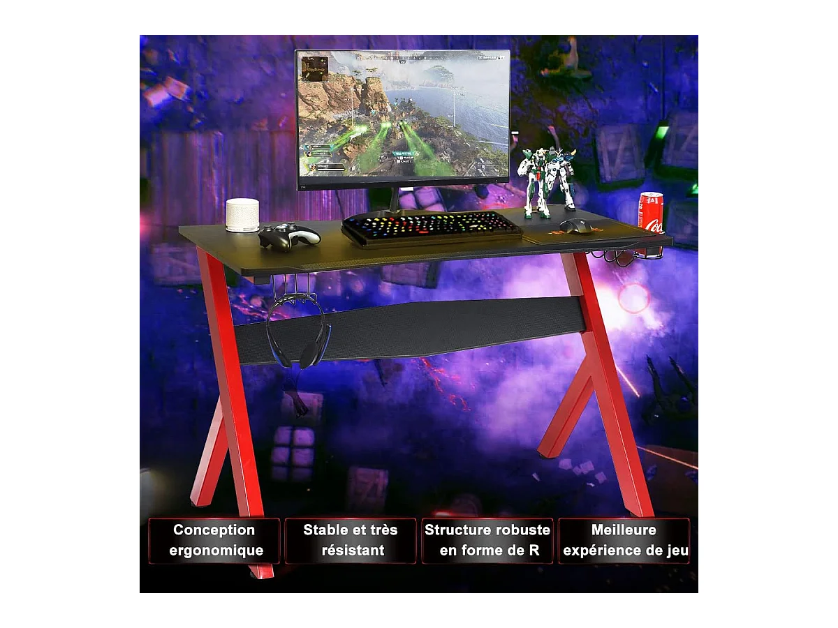 Bureau gamer pour e-sport avec porte-gobelet,tapis de souris,support pour ecouteurs en fibre