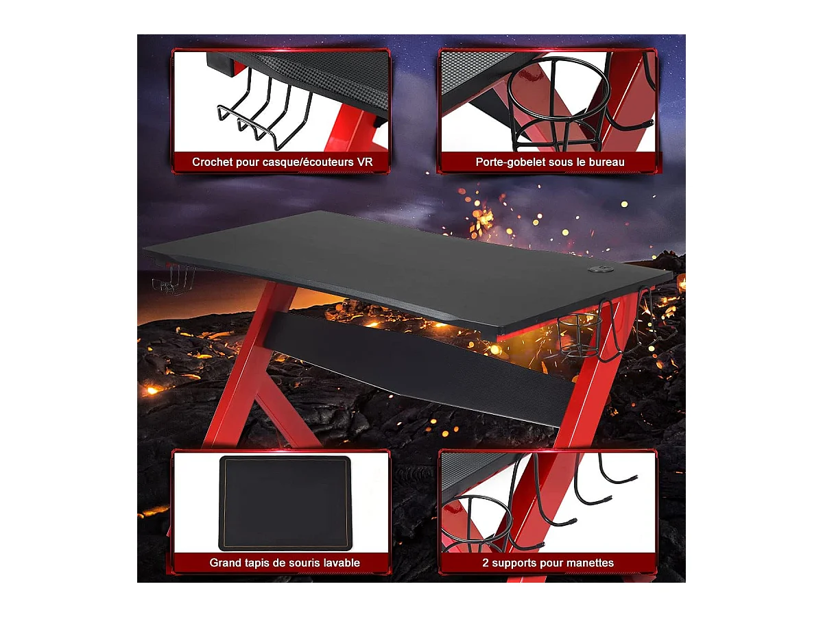 Bureau gamer pour e-sport avec porte-gobelet,tapis de souris,support pour ecouteurs en fibre
