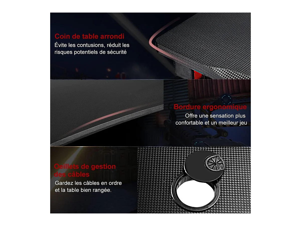 Bureau gamer pour e-sport avec porte-gobelet,tapis de souris,support pour ecouteurs en fibre