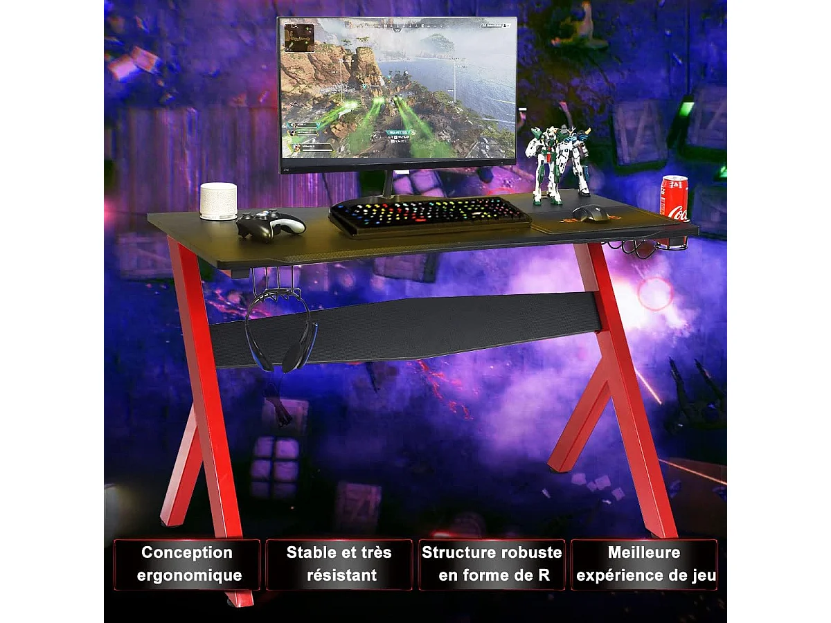 Bureau gamer pour e-sport avec porte-gobelet,tapis de souris,support pour ecouteurs en fibre