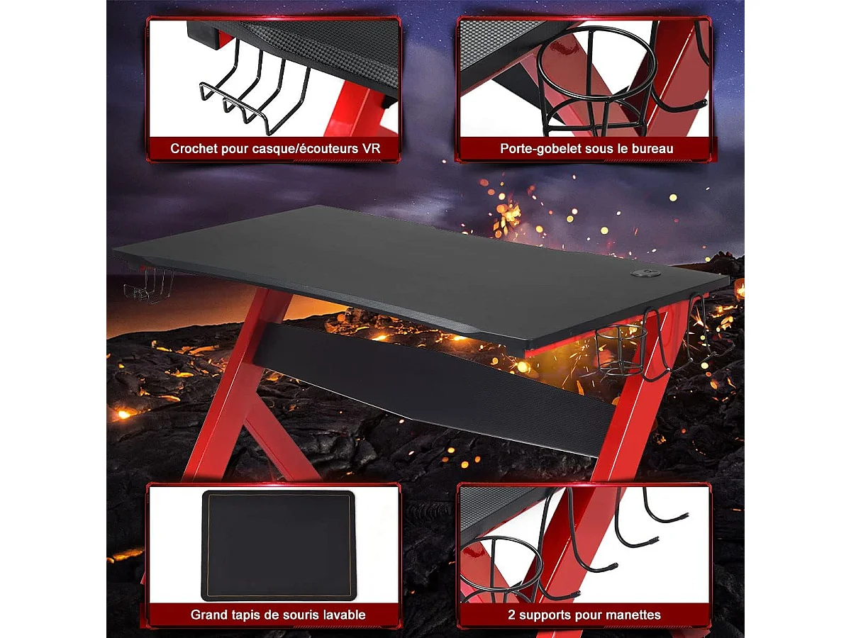 Bureau gamer pour e-sport avec porte-gobelet,tapis de souris,support pour ecouteurs en fibre