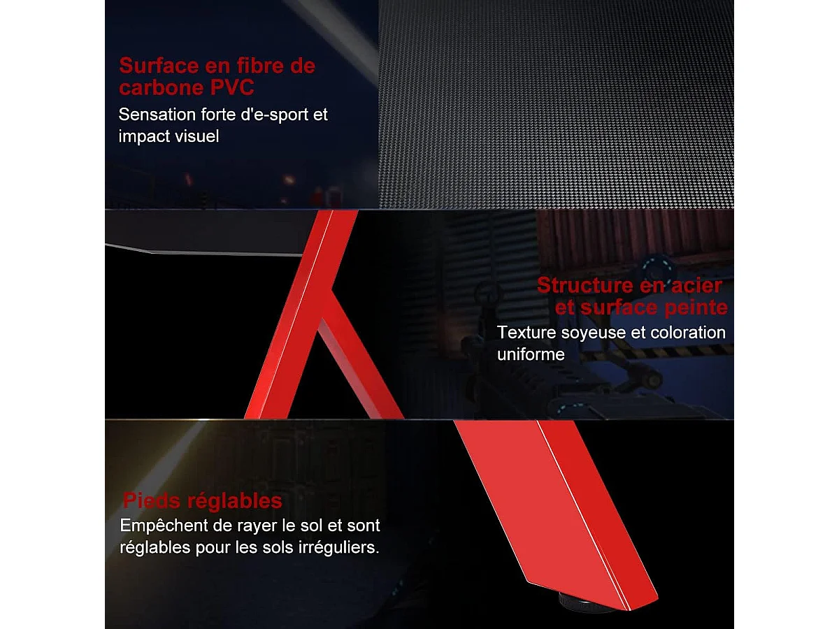 Bureau gamer pour e-sport avec porte-gobelet,tapis de souris,support pour ecouteurs en fibre
