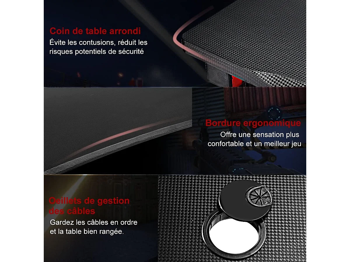 Bureau gamer pour e-sport avec porte-gobelet,tapis de souris,support pour ecouteurs en fibre