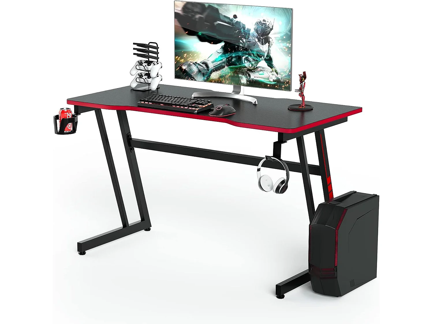 Bureau Gamer 120x60 CM, avec Surface en Fibre de Carbone, Crochet pour Casque, Porte-gobelet et Support de Manette Rouge