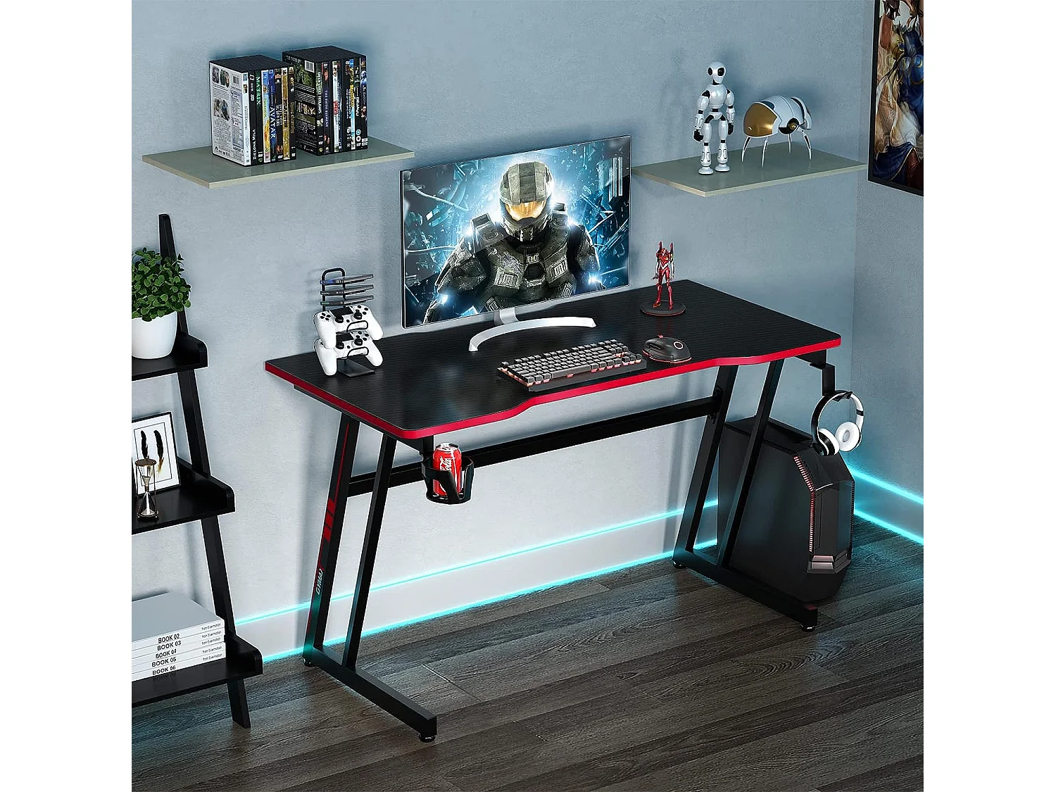 Bureau Gamer 120x60 CM, avec Surface en Fibre de Carbone, Crochet pour Casque, Porte-gobelet et Support de Manette Rouge