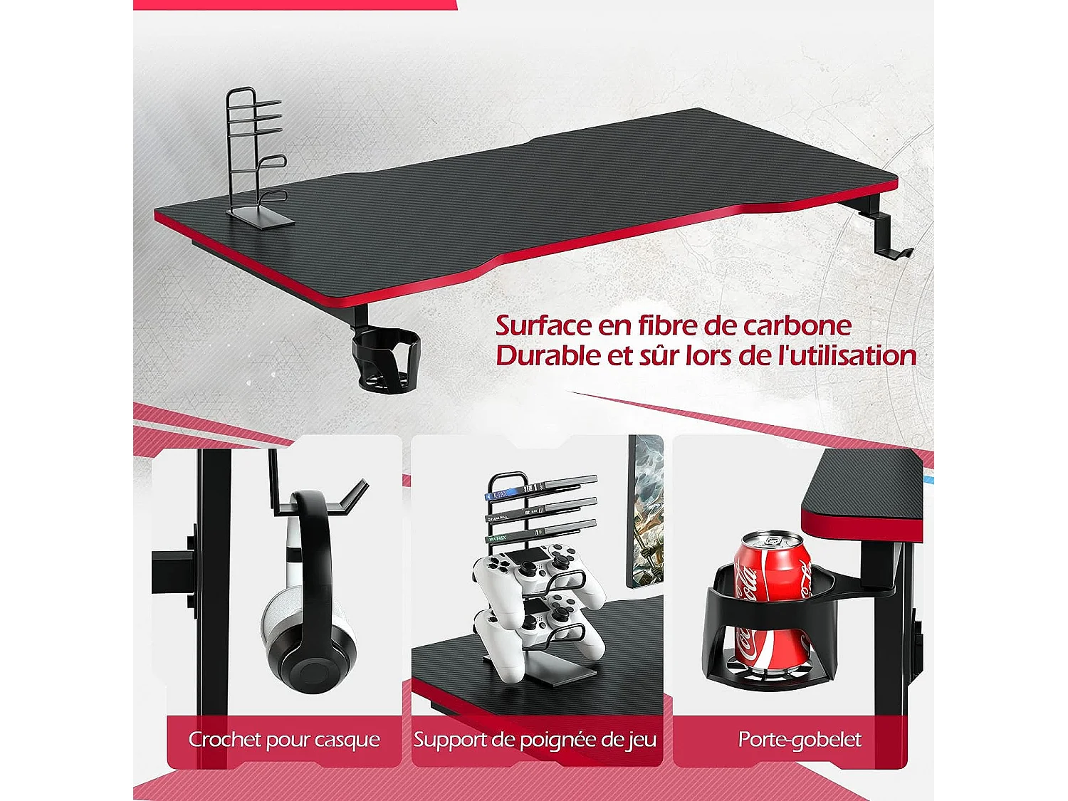 Bureau Gamer 120x60 CM, avec Surface en Fibre de Carbone, Crochet pour Casque, Porte-gobelet et Support de Manette Rouge