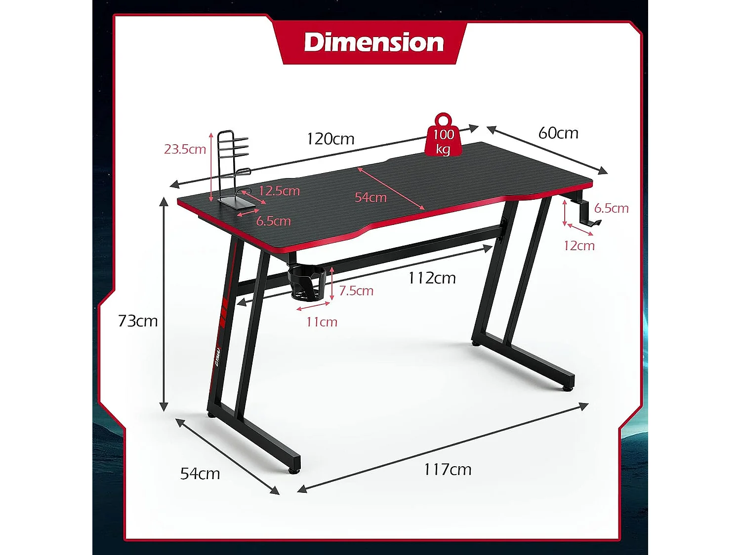Bureau Gamer 120x60 CM, avec Surface en Fibre de Carbone, Crochet pour Casque, Porte-gobelet et Support de Manette Rouge