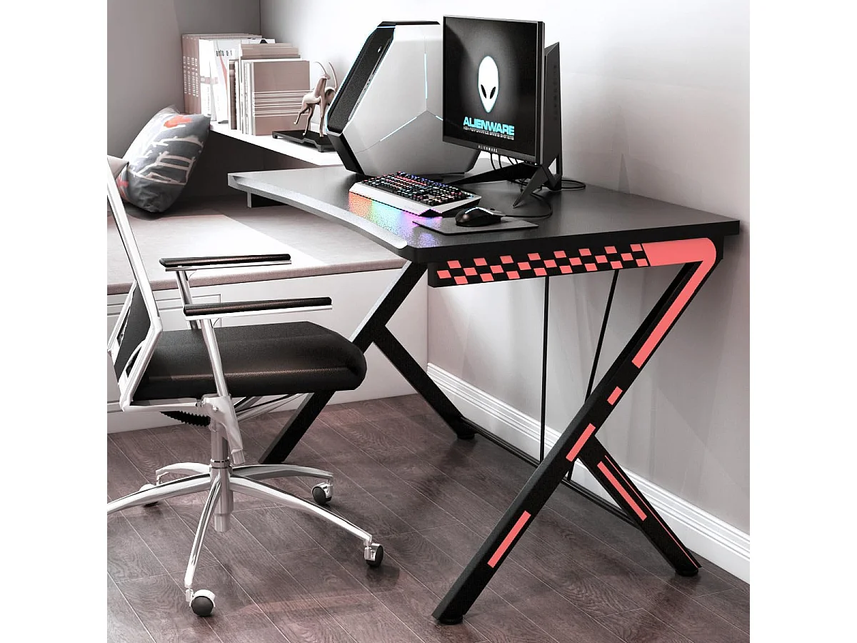Bureau Gaming 116 x 75 cm, Bureau Gamer avec Cadre en Métal en Forme de R, Bureau de Jeu d'Ordinateur Informatique Ergonomique, pour Travailler et Étudier, Noir