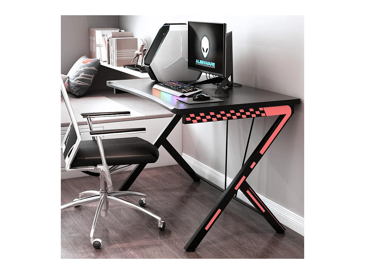 Bureau Gaming 116 x 75 cm, Bureau Gamer avec Cadre en Métal en Forme de R, Bureau de Jeu d'Ordinateur Informatique Ergonomique, pour Travailler et Étudier, Noir