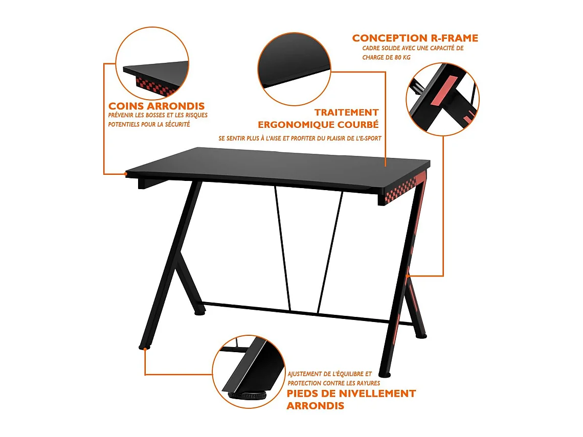 Bureau Gaming 116 x 75 cm, Bureau Gamer avec Cadre en Métal en Forme de R, Bureau de Jeu d'Ordinateur Informatique Ergonomique, pour Travailler et Étudier, Noir