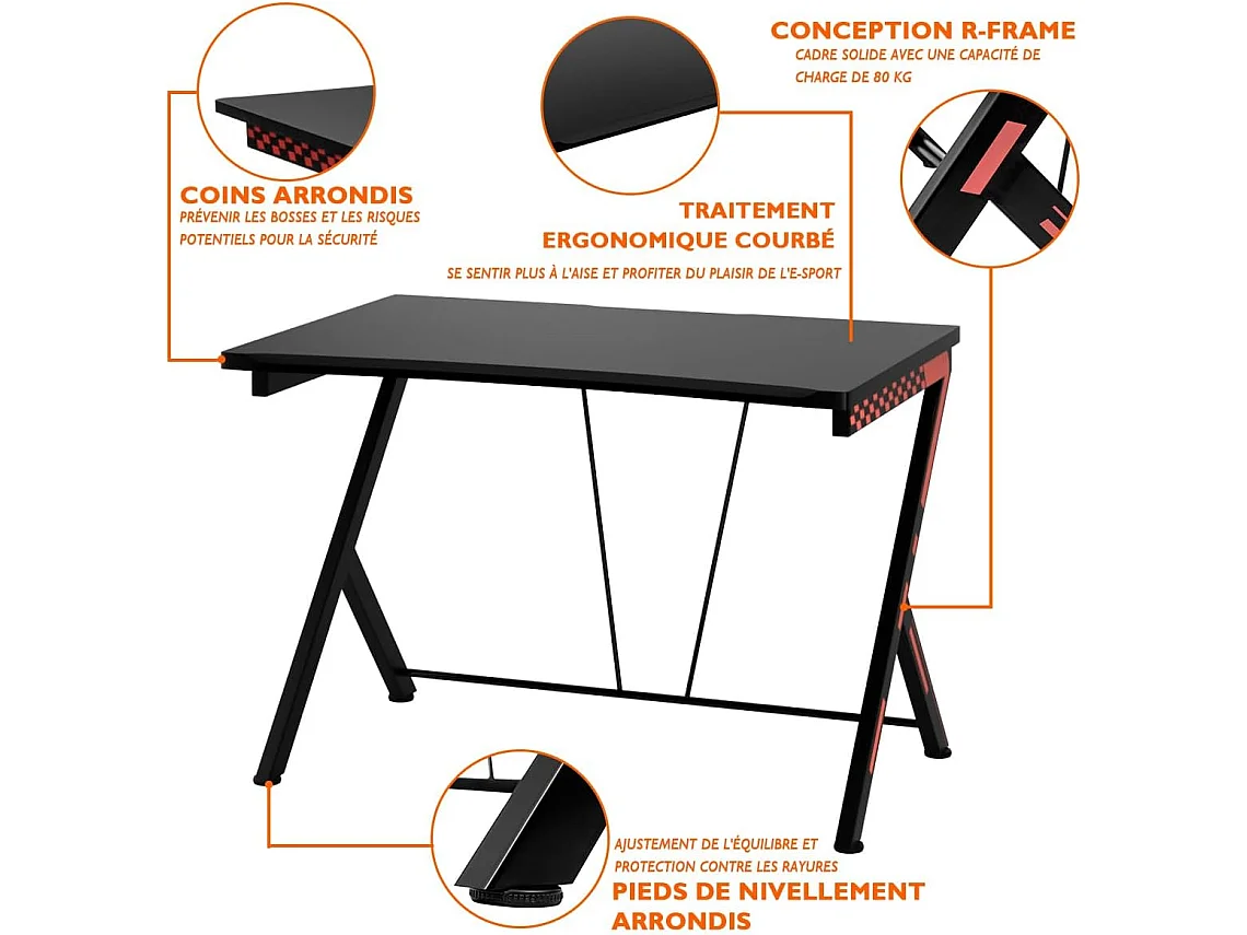 Bureau Gaming 116 x 75 cm, Bureau Gamer avec Cadre en Métal en Forme de R, Bureau de Jeu d'Ordinateur Informatique Ergonomique, pour Travailler et Étudier, Noir