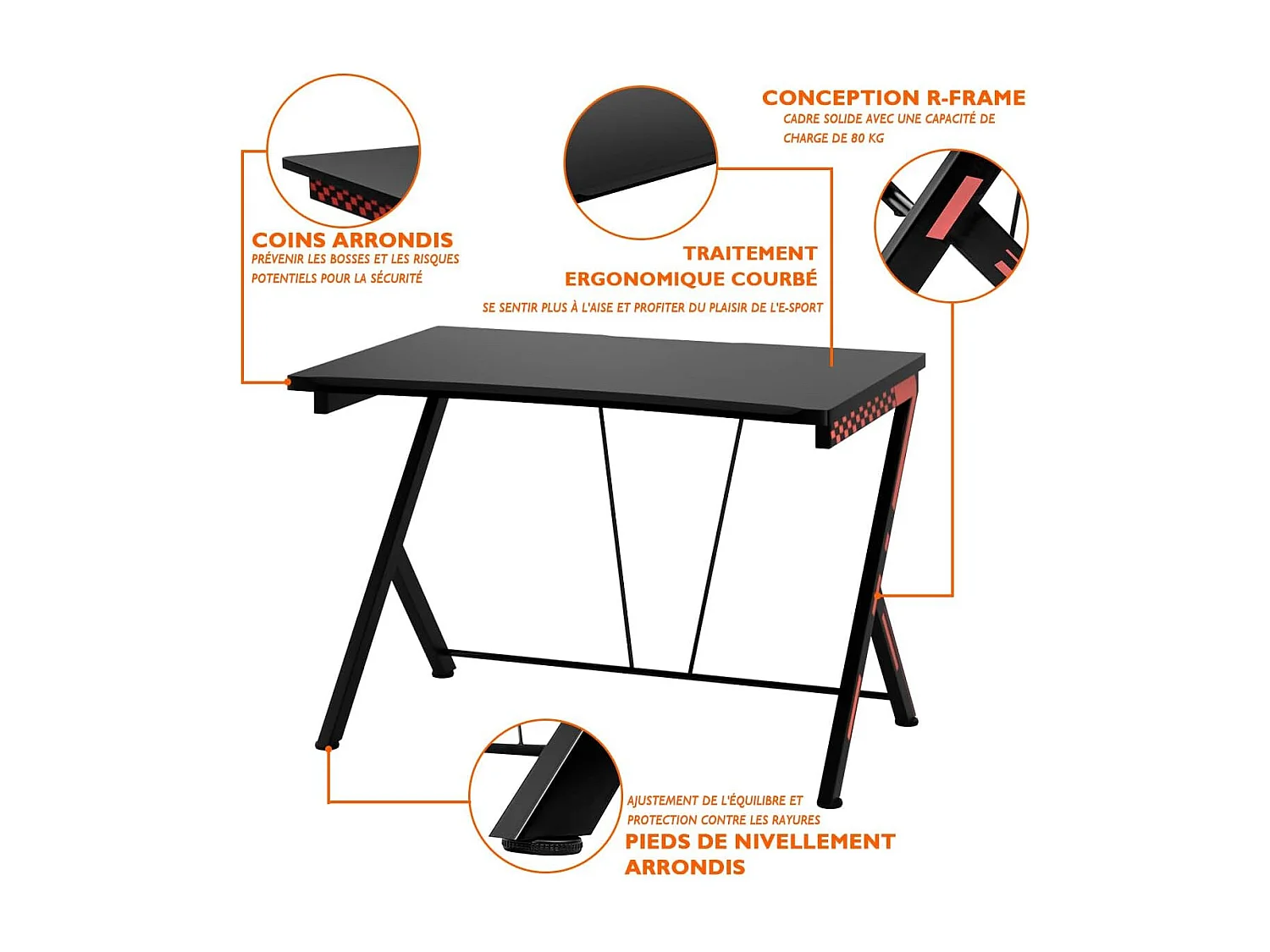 Bureau Gaming 116 x 75 cm, Bureau Gamer avec Cadre en Métal en Forme de R, Bureau de Jeu d'Ordinateur Informatique Ergonomique, pour Travailler et Étudier, Noir