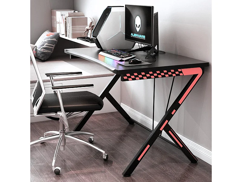 Bureau Gaming 116 x 75 cm, Bureau Gamer avec Cadre en Métal en Forme de R, Bureau de Jeu d'Ordinateur Informatique Ergonomique, pour Travailler et Étudier, Noir