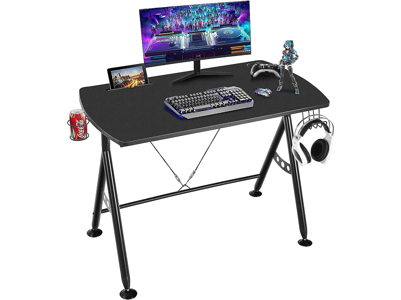 Bureau Gamer pour E-Sports Table pour Ordinateur/PC avec Porte-Gobelet, Support Casque 105 x 60 x 76 CM Noir