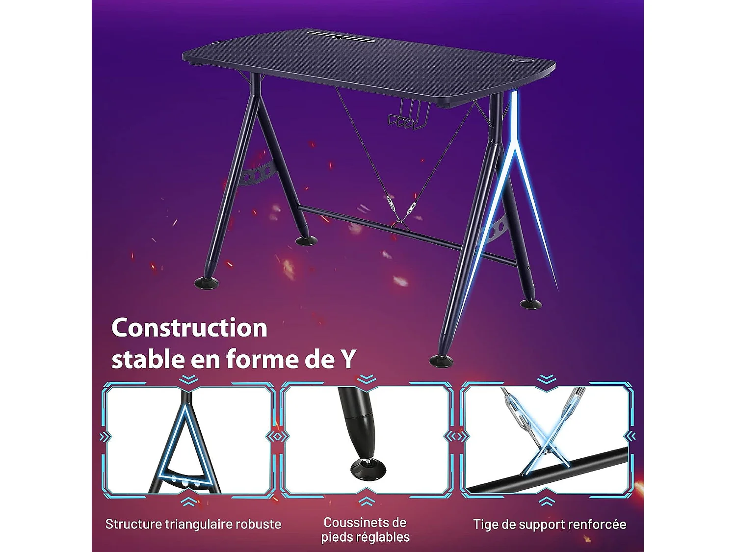 Bureau Gamer pour E-Sports Table pour Ordinateur/PC avec Porte-Gobelet, Support Casque 105 x 60 x 76 CM Noir
