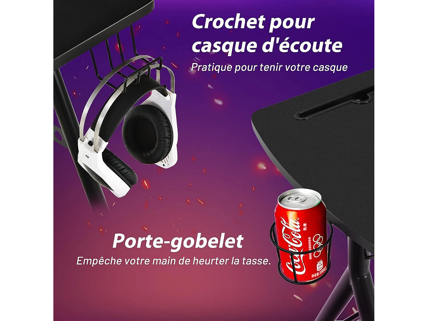 Bureau Gamer pour E-Sports Table pour Ordinateur/PC avec Porte-Gobelet, Support Casque 105 x 60 x 76 CM Noir