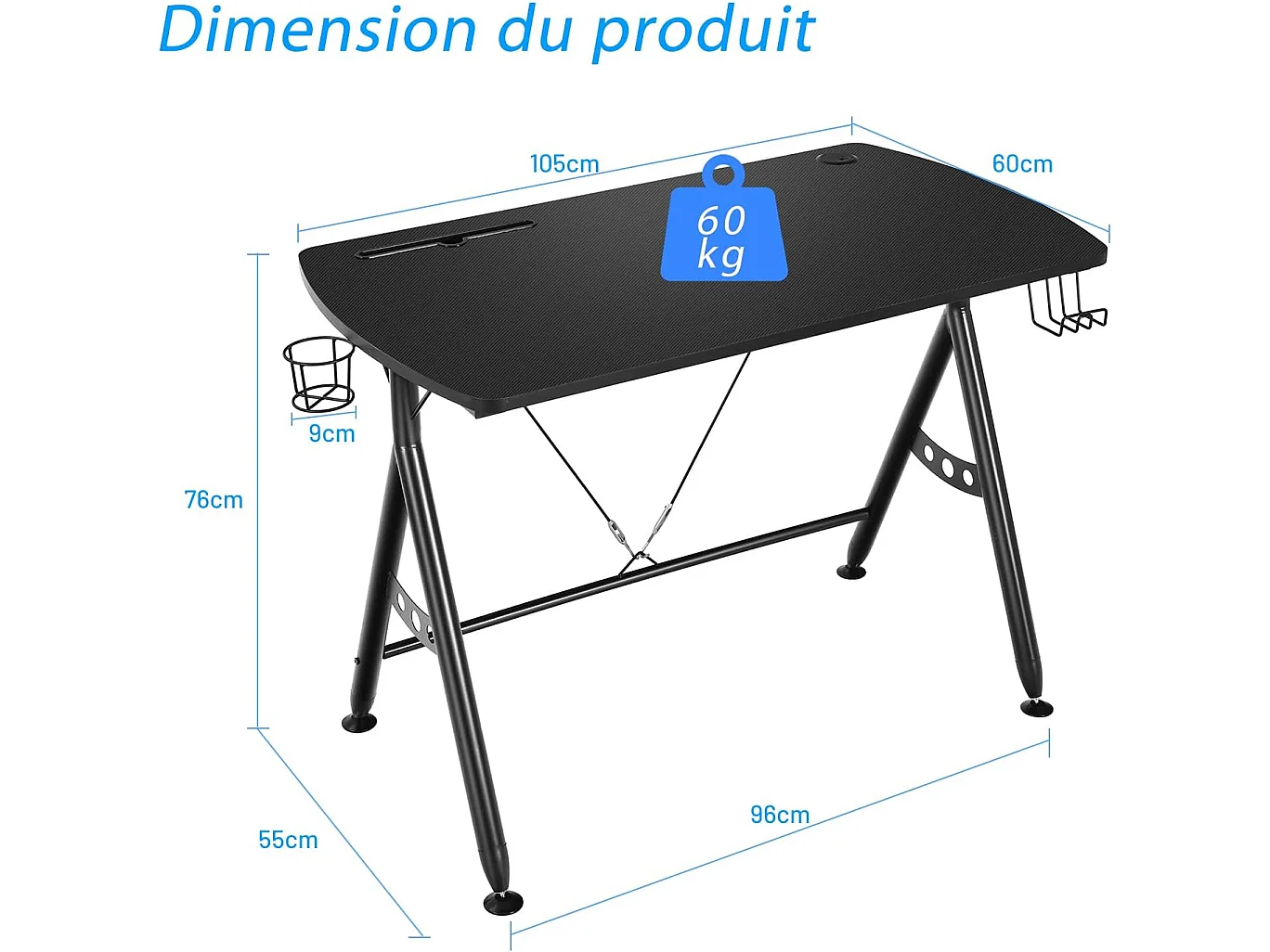 Bureau Gamer pour E-Sports Table pour Ordinateur/PC avec Porte-Gobelet, Support Casque 105 x 60 x 76 CM Noir