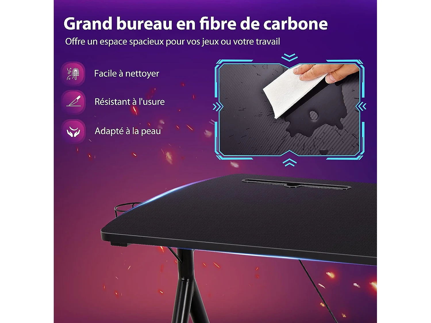 Bureau Gamer pour E-Sports Table pour Ordinateur/PC avec Porte-Gobelet, Support Casque 105 x 60 x 76 CM Noir