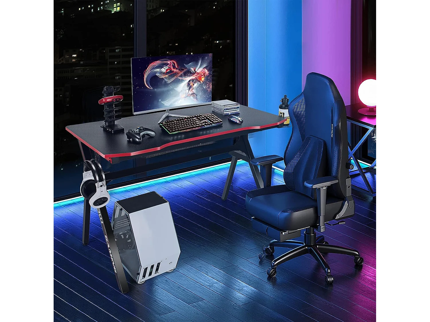Bureau de Jeu, Gaming Bureau Ergonomique avec Cadre en Forme de K, Porte-Gobelet et Crochet pour Casque, 120 x 60 x 76 CM