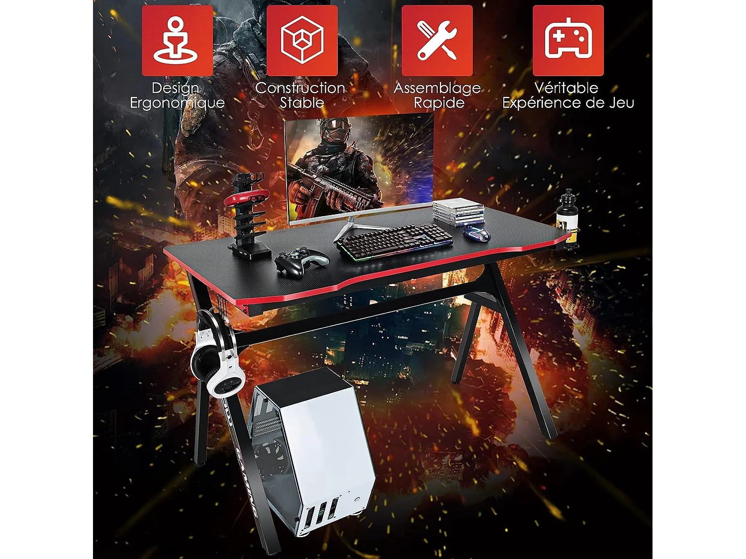 Bureau de Jeu, Gaming Bureau Ergonomique avec Cadre en Forme de K, Porte-Gobelet et Crochet pour Casque, 120 x 60 x 76 CM