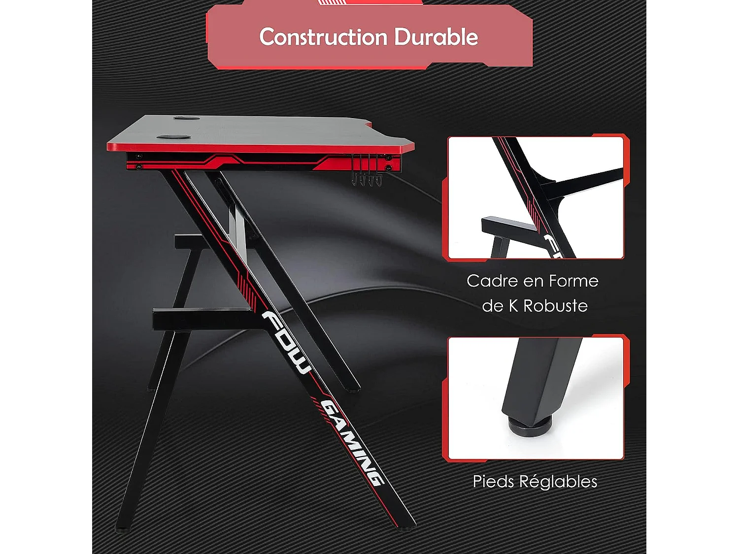 Bureau de Jeu, Gaming Bureau Ergonomique avec Cadre en Forme de K, Porte-Gobelet et Crochet pour Casque, 120 x 60 x 76 CM