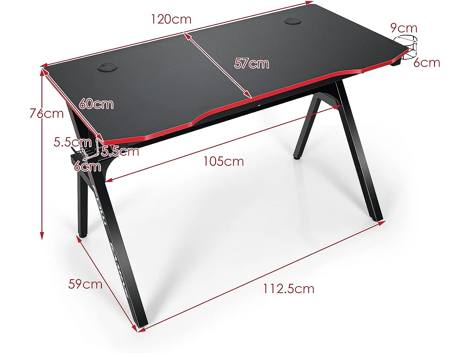 Bureau de Jeu, Gaming Bureau Ergonomique avec Cadre en Forme de K, Porte-Gobelet et Crochet pour Casque, 120 x 60 x 76 CM