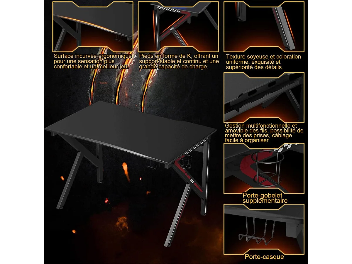 Bureau Gamer Table Informatique 115 x 75 x 76 CM avec Porte-Gobelet Stable K Cadre en Acier Robuste Noir