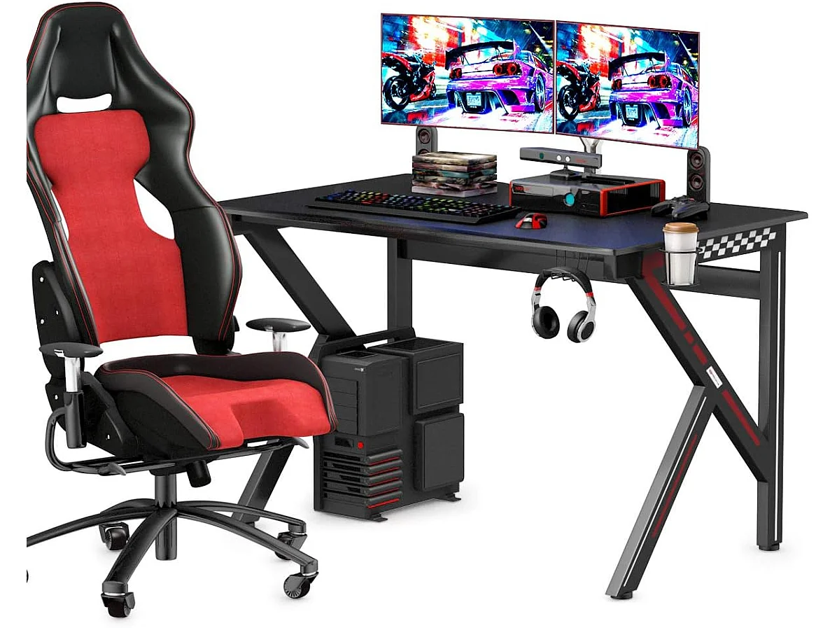 Bureau Gamer Table Informatique 115 x 75 x 76 CM avec Porte-Gobelet Stable K Cadre en Acier Robuste Noir