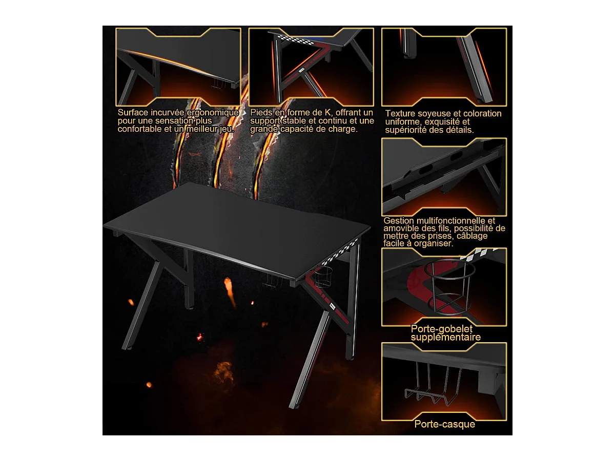 Bureau Gamer Table Informatique 115 x 75 x 76 CM avec Porte-Gobelet Stable K Cadre en Acier Robuste Noir