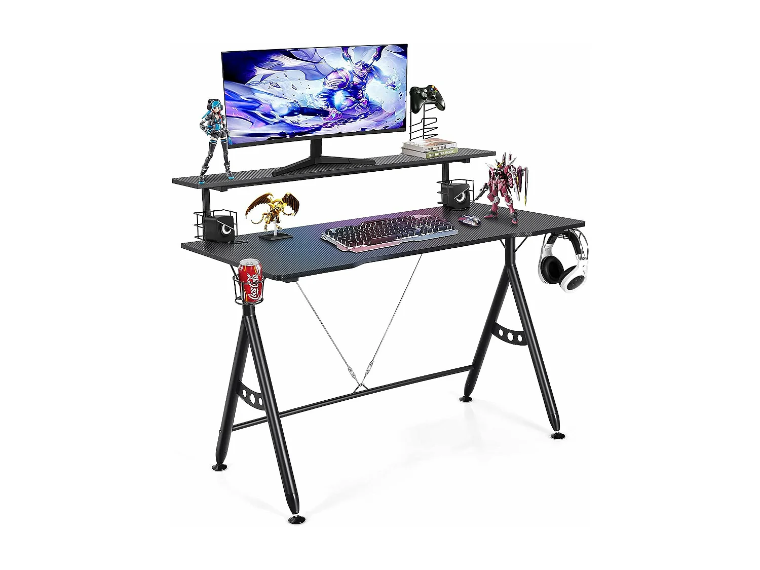 Bureau de Gamer 120 cm en Forme de Y, avec Étagère pour Écran, Porte-manettes, Porte-gobelet et Crochet pour Casque, Noir
