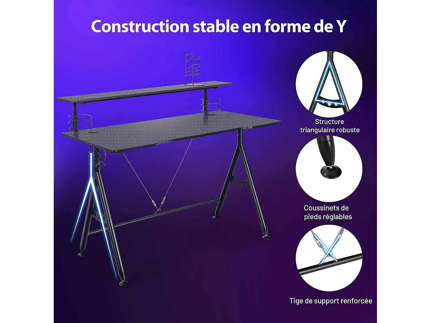 Bureau de Gamer 120 cm en Forme de Y, avec Étagère pour Écran, Porte-manettes, Porte-gobelet et Crochet pour Casque, Noir