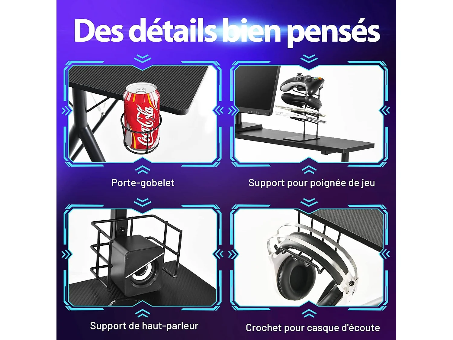 Bureau de Gamer 120 cm en Forme de Y, avec Étagère pour Écran, Porte-manettes, Porte-gobelet et Crochet pour Casque, Noir